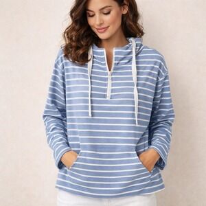 Womens Sky Blue Striped 1/4 Zip Hoodie Fleece Sweatshirt Casual Cozycore Medium